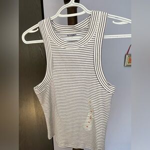 Two form-fitting sleeveless tanks by Old Navy, white & blue stripe/navy blue, M